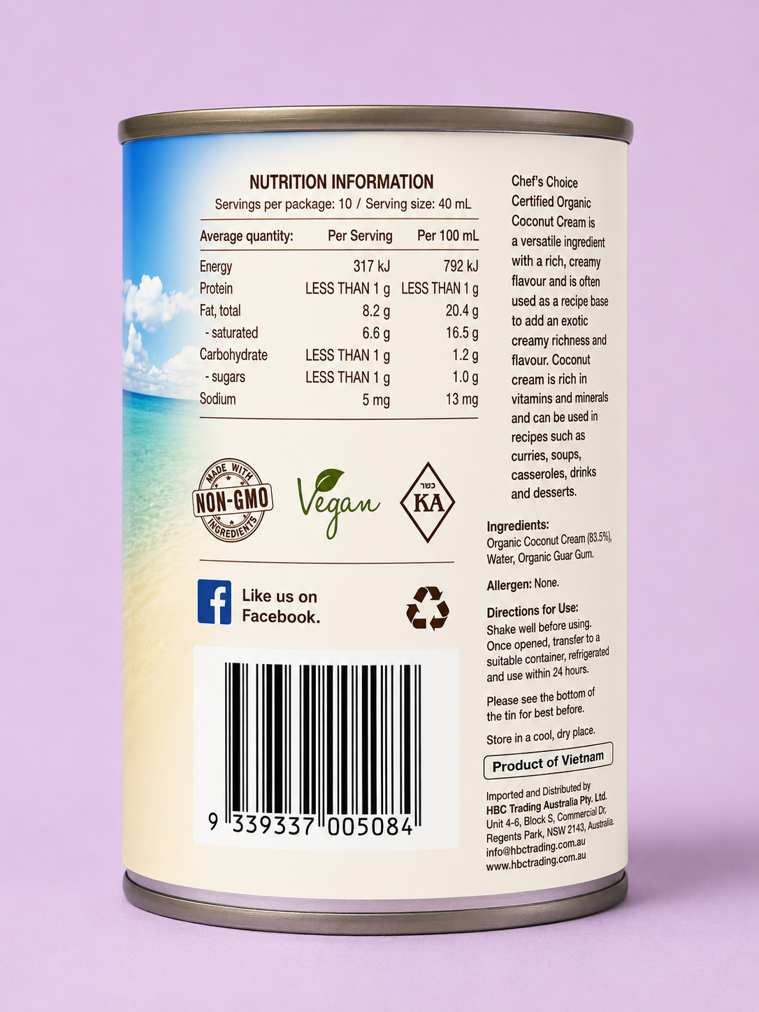 Chef's Choice Organic Coconut - Cream 400ml (Australia)