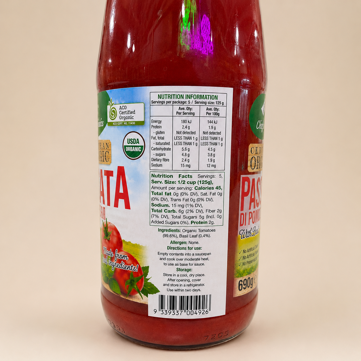 Chef's Choice Organic Sauce - Passata W/Basil 690g (Australia)