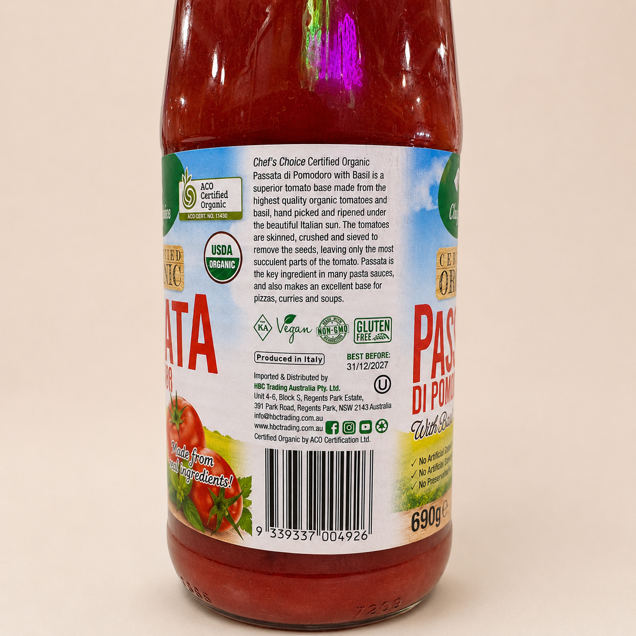 Chef's Choice Organic Sauce - Passata W/Basil 690g (Australia)