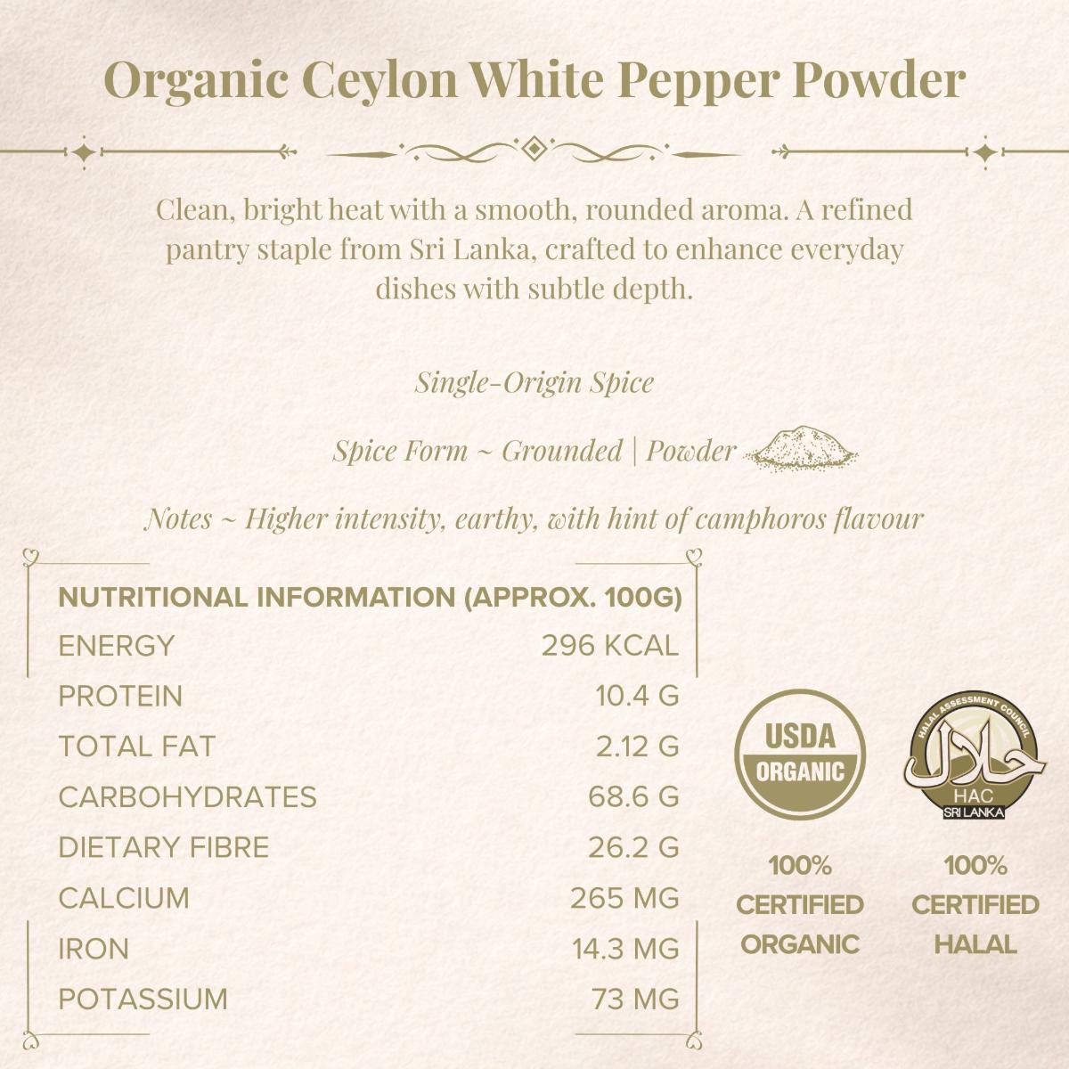 TGA - Organic White Pepper Powder in Glass Bottle, 100g