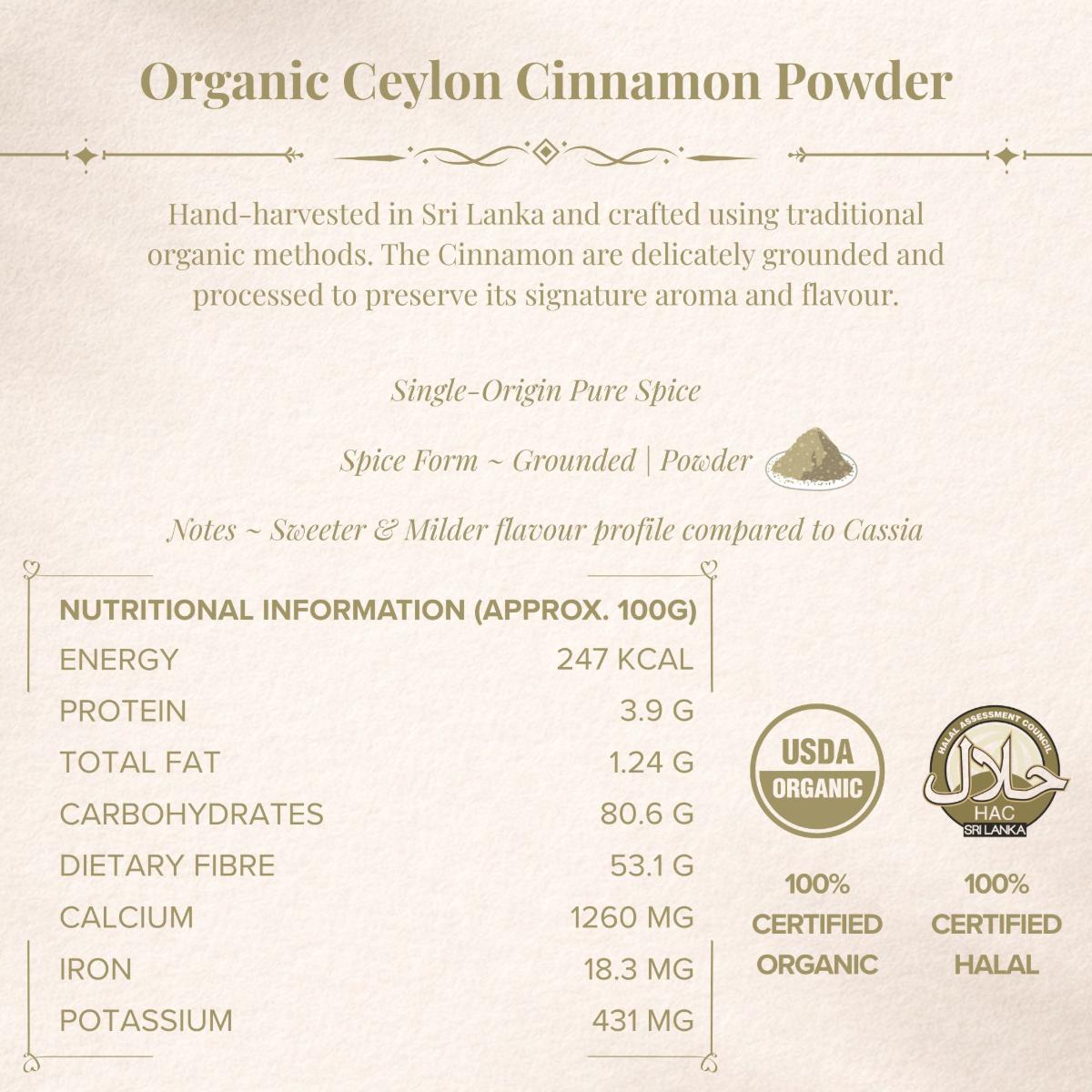 TGA - Organic Ceylon Cinnamon Powder in Glass Bottle, 128g