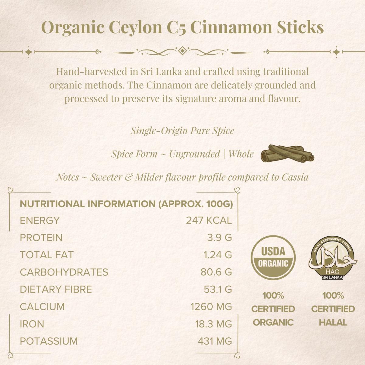 TGA - Organic Ceylon C5 Cinnamon Sticks in Pouch, 50g